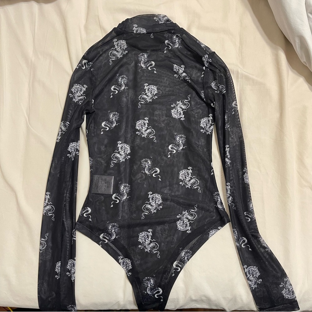 Sheer Black Long Sleeve Bodysuit with White Tiger Print